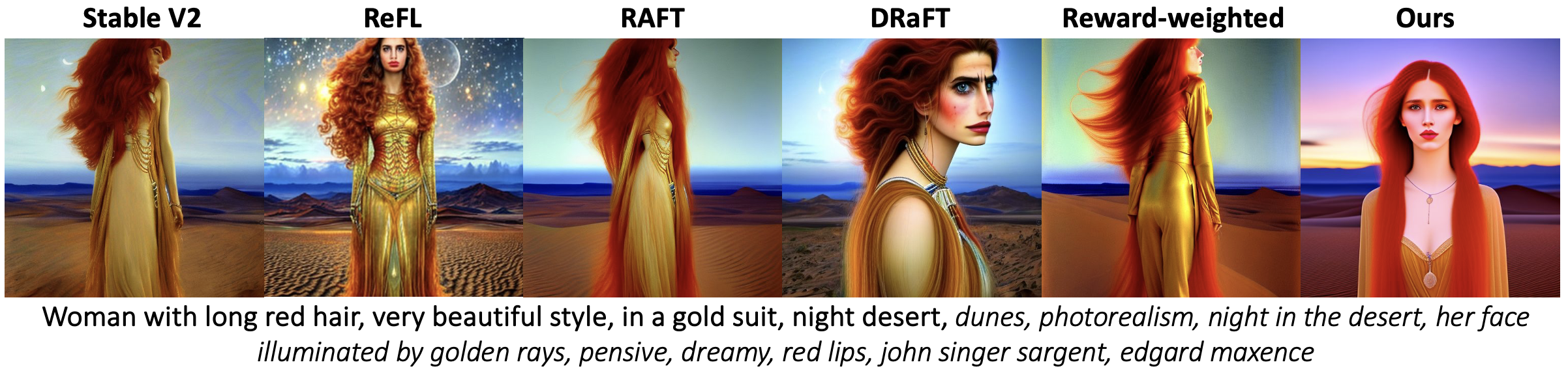 Woman with long red hair, very beautiful style, in a gold suit, night desert, dunes, photorealism, night in the desert, her face illuminated by golden rays, pensive, dreamy, red lips, john singer sargent, edgard maxence