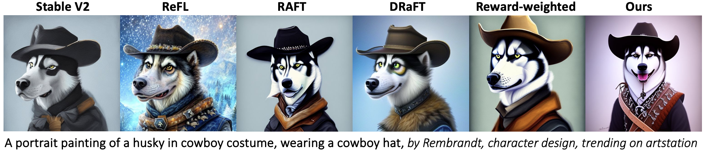 A portrait painting of a husky in cowboy costume, wearing a cowboy hat, by Rembrandt, character design, trending on artstation