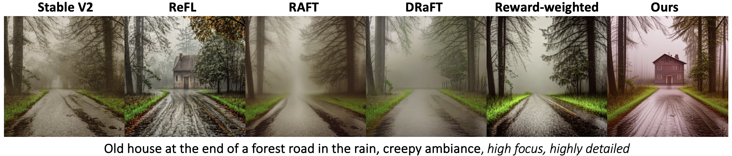 Old house at the end of a forest road in the rain, creepy ambiance, high focus, highly detailed